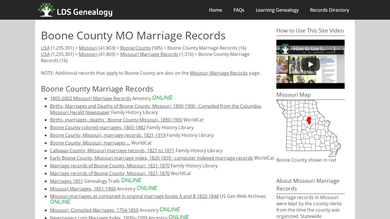 Boone County MO Marriage Records - LDS Genealogy